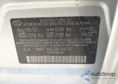 2008 Hyundai Sonata Gls z USA, uszkodzony, nr VIN 5NPET46C08H366707